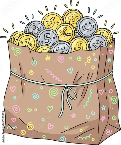 A paper bag overflowing with shiny gold and silver coins, tied with twine, decorated with cheerful doodles AI/EPS/PNG/JPEG