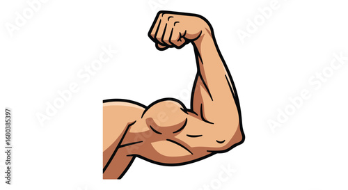 Illustrated muscular arm flexed against a white backdrop emphasizing strength and power through a stylized anatomical representation of bicep