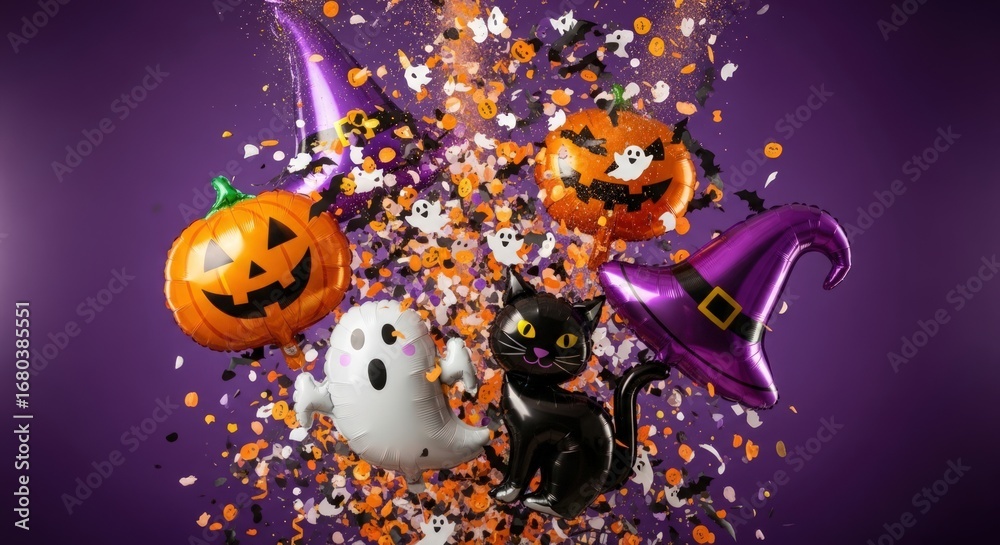 Fototapeta premium A halloween celebration with pumpkins and confetti flying for spooky fun party decoration 