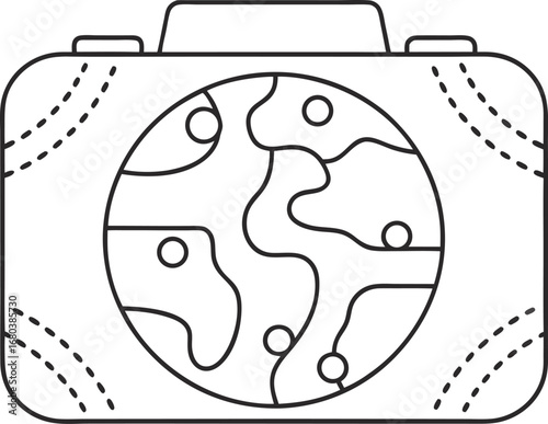 Stylized camera with a world globe lens, representing travel photography and global exploration
