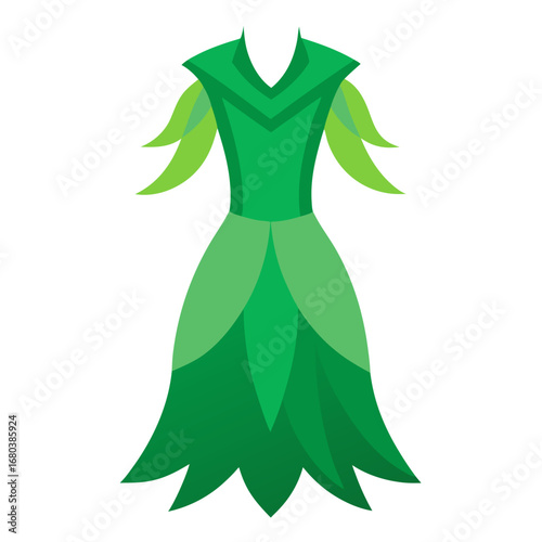 Green dress with leaf texture and winged shoulders vector on white background.