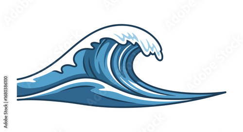 Captivating cartoon illustration featuring a striking blue and white wave, isolated against a pristine white backdrop, embodies marine tranquility