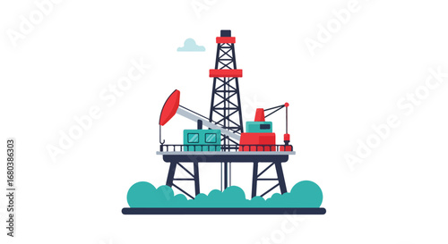 Flat vector offshore oil rig illustration against a white background, industrial production facility showcasing energy exploration technology and