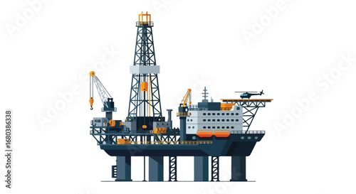 Offshore drilling platform illustration showcasing energy production and resource extraction, featuring intricate structural details and a