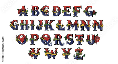 Elaborate alphabet with ribbon accents showcasing a fusion of art and typography  suitable for crafting design elements and textual compositions