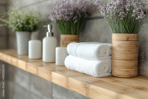 Towels and flowers on a shelf.