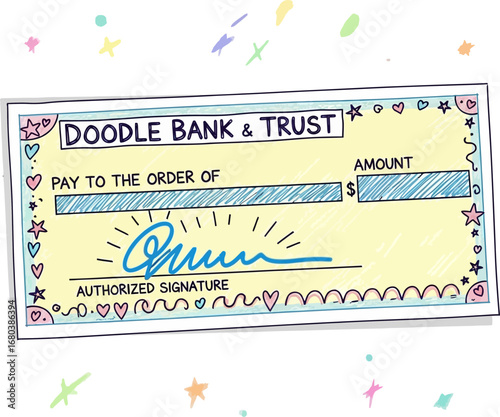A whimsical hand-drawn check from Doodle Bank & Trust, ready for signature AI/EPS/PNG/JPEG