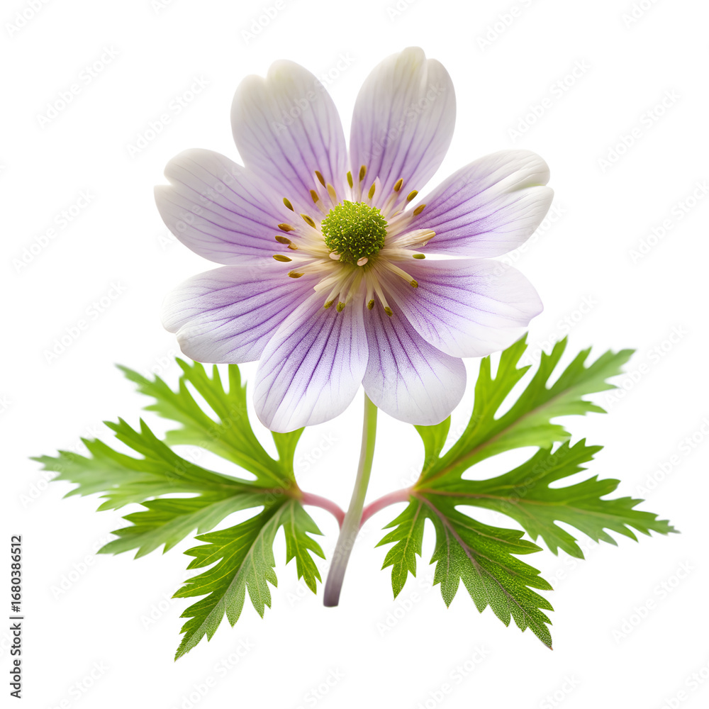 Fototapeta premium Delicate purple and white anemone flower with green leaves isolated on transparent background