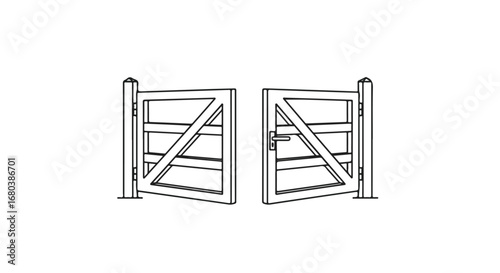 Stylized illustration of an open wooden gate with a simple, line-art aesthetic, presenting symmetry and rustic charm ideal for graphic design projects