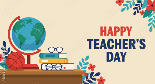 Happy Teachers Day Celebration with Educational Items.