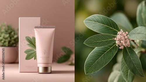 Pink skincare tube, botanical leaves, natural product