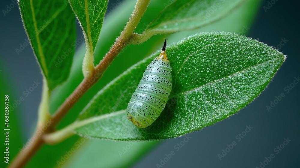 Fototapeta premium Caterpillar Egg. The Beginning of a Monarch Butterfly's Development on a Green Milkweed Leaf