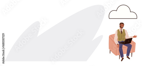 Man sitting on armchair working on a laptop with a cloud above, symbolizing remote work, digital storage, cloud computing, online collaboration, idea sharing, networking, and business innovation. A