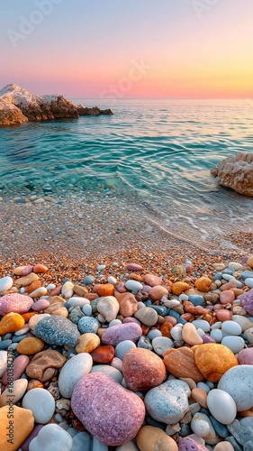 Colorful pebble beach turquoise water rocky coastline gentle waves under soft pastel sunset sky creating peaceful serene calming atmosphere