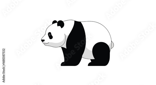 Stylized depiction of a panda bear in profile, showcasing its iconic black and white fur markings against a stark white backdrop
