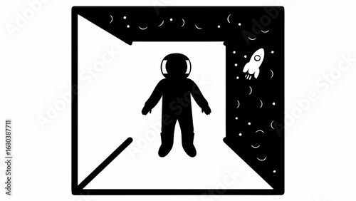 Silhouette of astronaut standing in a room with a space scene visible outside the room and rocket