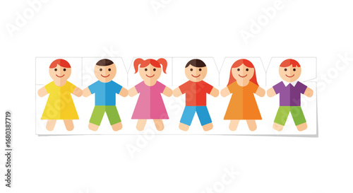 Diversity of children: A vibrant representation of global unity and togetherness through colorful paper doll chain illustrations.