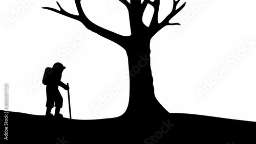 Silhouette of a hiker with a backpack and walking stick under a bare tree against a white background scene