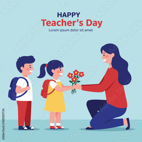 Happy Teachers Day Celebration with Students and Flowers