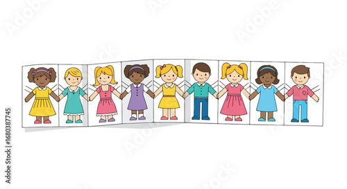 Diverse Paper Children Holding Hands Depicting Unity Friendship and Childhood Innocence in a Row Formation