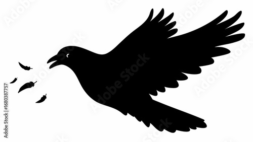 Silhouette of a crow in flight with feathers floating near its beak on a white background design image