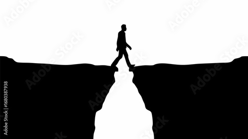 Silhouette of a man walking across a chasm with a white background and black cliffs on either side edge