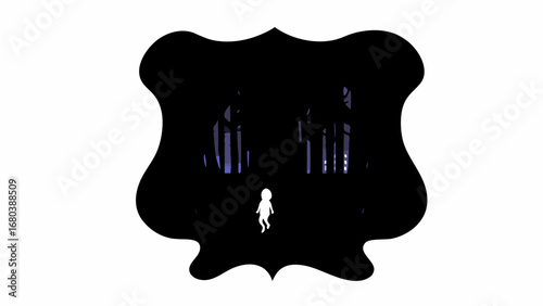 Silhouette of a person walking in a dark forest with trees and faint light in a decorative frame shape