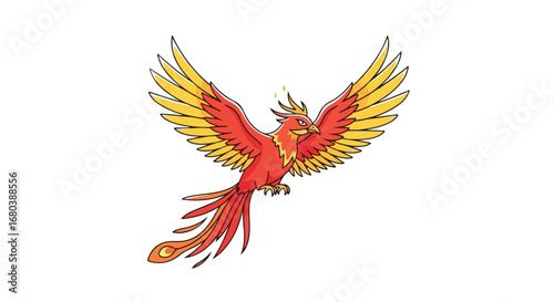 Majestic phoenix soars, its fiery plumage ablaze against a bright background in captivating cartoon illustration