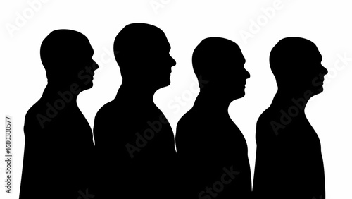 Four silhouetted heads in profile displayed against a white background in a minimalist composition style