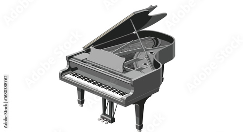 Grand Piano Render in Gray Tones, High-Angle View Showing Design Details and Keys, Set Against a Clean White Backdrop