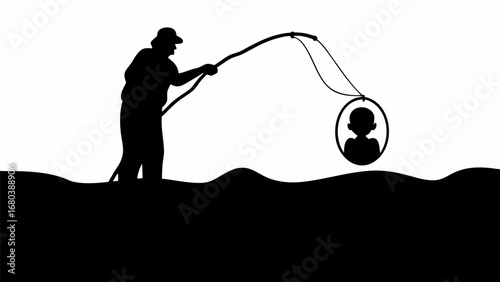 Silhouette of a man fishing in water with a portrait hanging from the fishing line in black and white