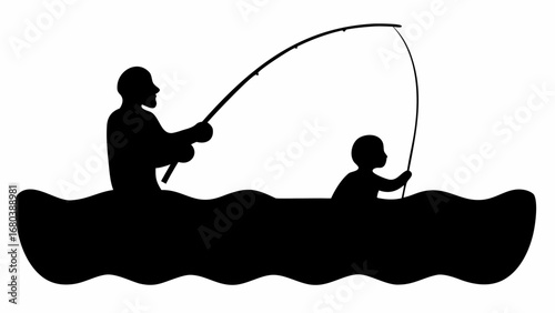 Silhouette of father and child fishing in a boat with a fishing rod on the water surface at daytime