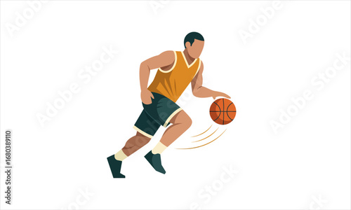 Athletic Man Dribbling Basketball in Dynamic Sports Pose.