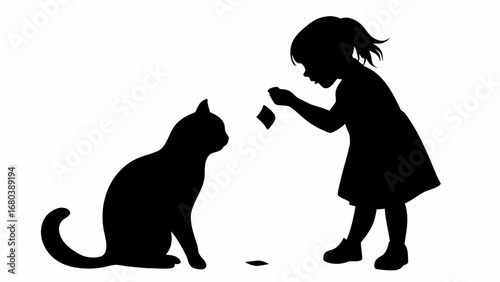 Silhouette of a little girl playing with a cat by throwing a paper in the air on a white background scene