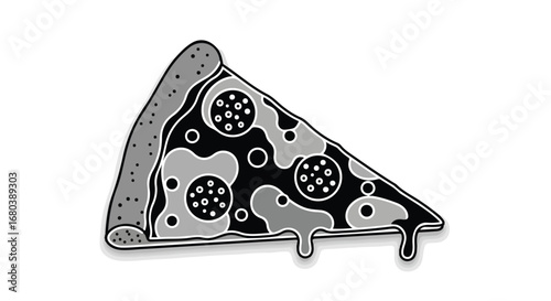 Monochrome Slice: An Edgy Pizza Design Showcasing Drip Effect and Contemporary Design Elements and Pepperoni Pattern in a Stylized Graphic Style