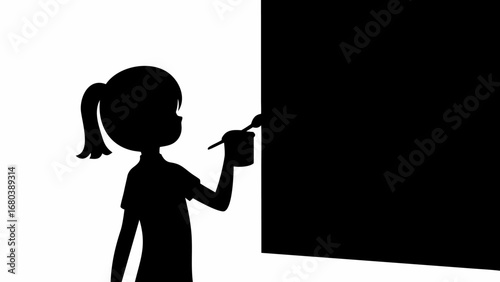 Silhouette of a girl painting a black square on a white background with a brush and a paint container