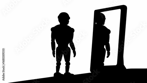 Silhouette of a robot standing in front of a mirror reflecting its image in black and white tones