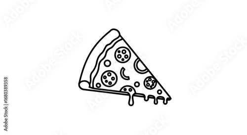 Minimalistic pizza slice illustration showcasing dripping cheese in black outline on a stark white backdrop offering a clean food graphic