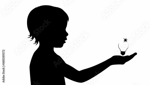 Silhouette of a child holding a light bulb in their hand representing an idea or inspiration moment