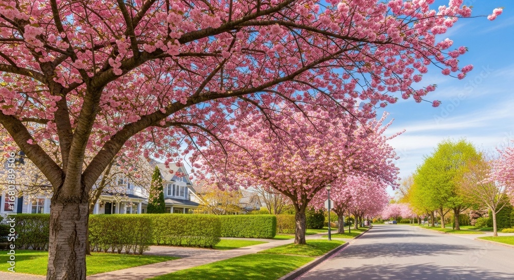 Naklejka premium Vibrant pink cherry blossom trees line a picturesque suburban street in spring