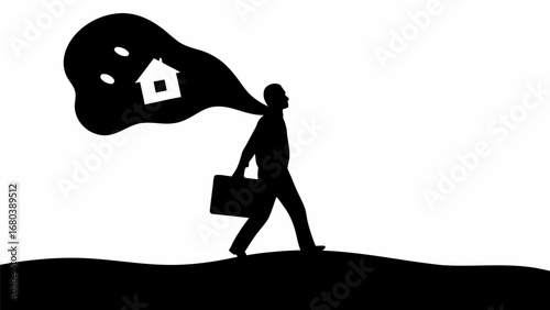Silhouette of a man with a briefcase walking with a thought bubble containing a house and circles