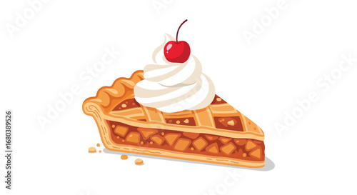Charming illustration of a lattice-topped fruit pie slice adorned with whipped cream and a bright red cherry delight