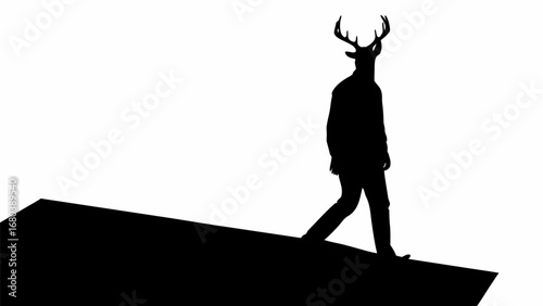 Silhouette of a man with deer antlers walking on a ledge against a white background in a minimalist style