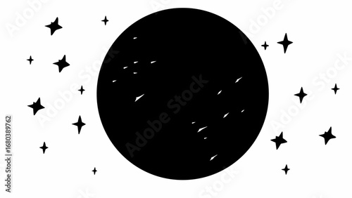 Silhouette of a dark moon surrounded by stars in a night sky with a celestial theme design element