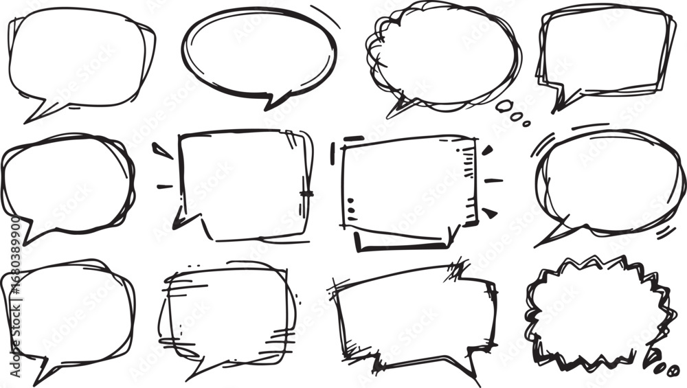 Obraz premium Hand Drawn Speech Bubble Set – Comic, Text, Talk, Chat, Cloud, Thought, Doodle, Conversation, Sketch, Message, Communication, Cartoon, Balloon, Dialogue, Outline, Pop Art, Sticker