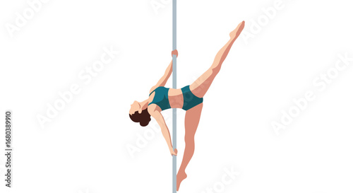 Elegant poise, athletic prowess embodied in a skilled pole dancer's performance demonstrating impressive strength and control on the vertical