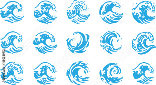 Blue Wave Icon Set – Water, Ocean, Sea, Surf, Nature, Tide, Symbol, Flow, River, Design, Circle, Abstract, Marine, Logo, Graphic, Fluid, Power, Energy