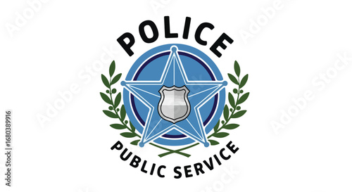 Stylized police emblem showcasing a star, shield, and laurel wreath with public service message on white for law enforcement images