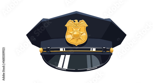 Digital illustration showcasing a navy blue police officer's hat with a gold badge featuring an eagle emblem and a star symbol, presented on a white