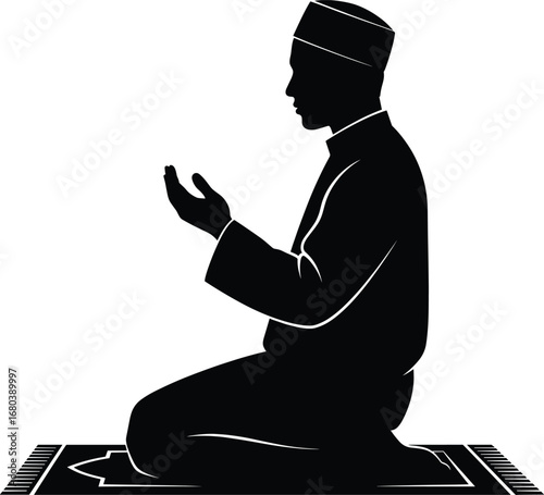 Silhouette of Muslim man praying on prayer mat, representing Islamic faith, spirituality, devotion, and peaceful worship in black vector